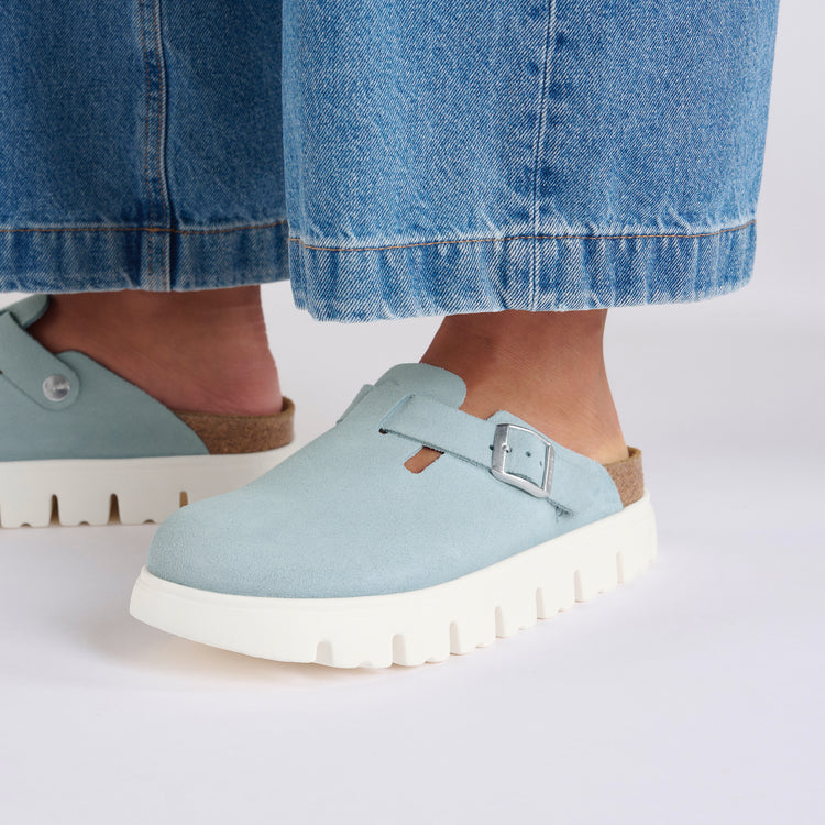 Birkenstock Boston Chunky Baby Blue Suede Leather on model 2