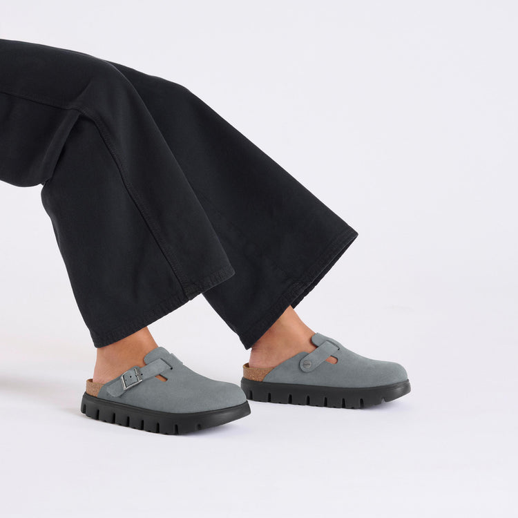Birkenstock Boston Chunky Basalt Grey Suede Leather on model 1