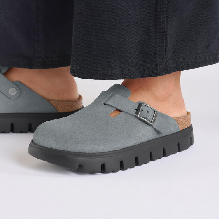 Birkenstock Boston Chunky Basalt Grey Suede Leather on model 2