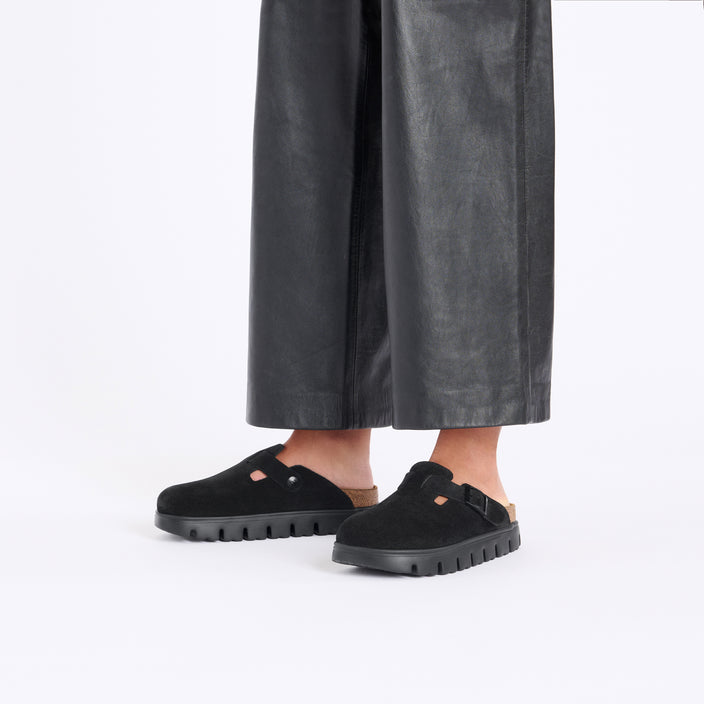 Birkenstock Boston Chunky Black Suede Leather on model 1