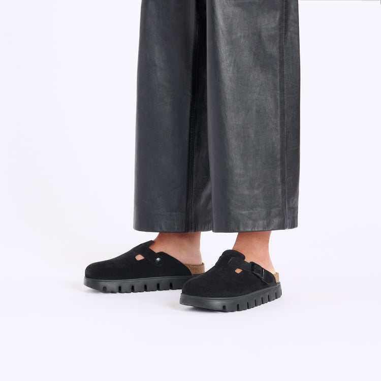 Birkenstock Boston Chunky Black Suede Leather on model 1
