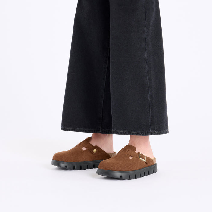 Birkenstock Boston Chunky Dark Tea Leather on model 1