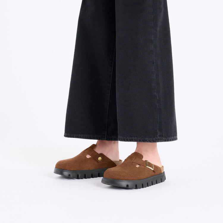 Birkenstock Boston Chunky Dark Tea Leather on model 1