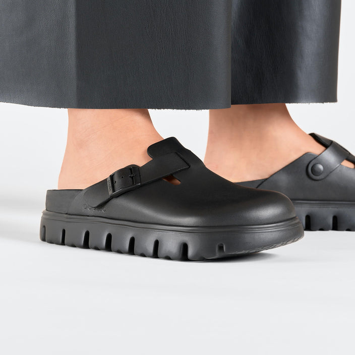 Birkenstock Boston Chunky Exquisite Black Smooth Leather on model 2