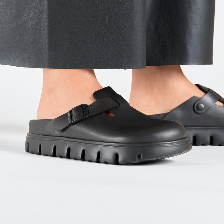 Birkenstock Boston Chunky Exquisite Black Smooth Leather on model 2