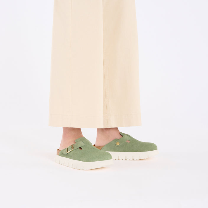 Birkenstock Boston Chunky Green Tea Leather on model 1