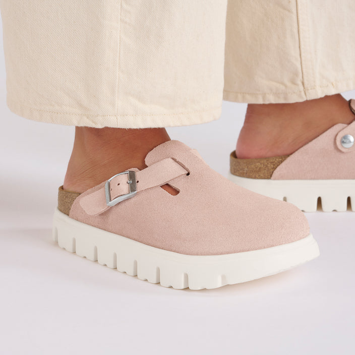 Birkenstock Boston Chunky Light Rose Suede Leather on model 2