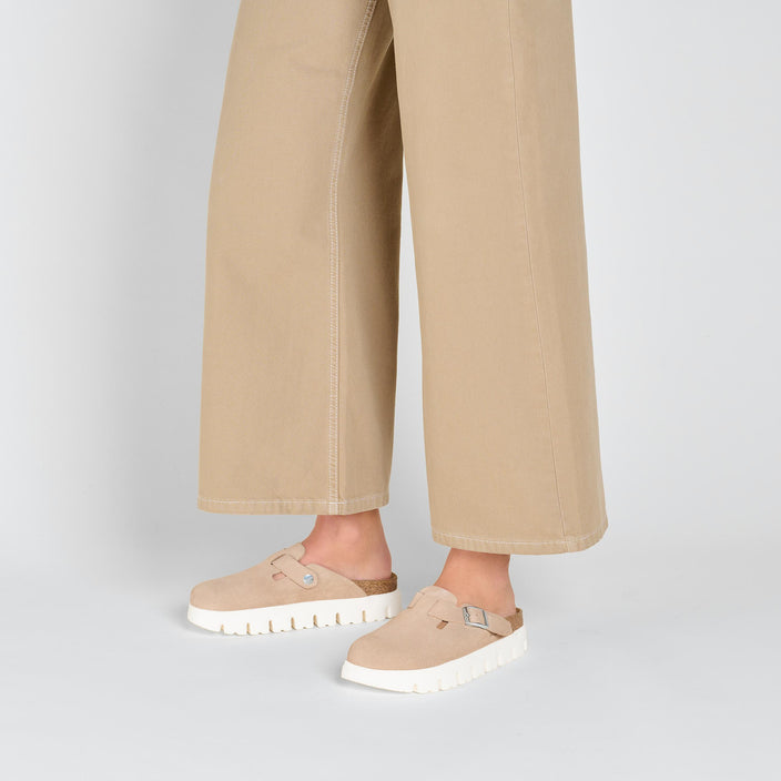 Birkenstock Boston Chunky Warm Sand Leather on model 1