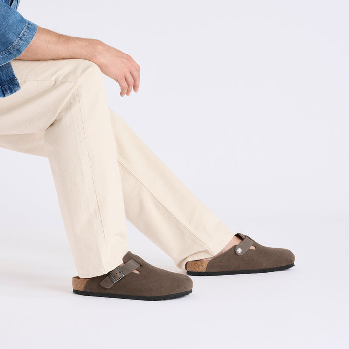 Birkenstock Boston Concrete Grey Oiled Suede Leather on model 1