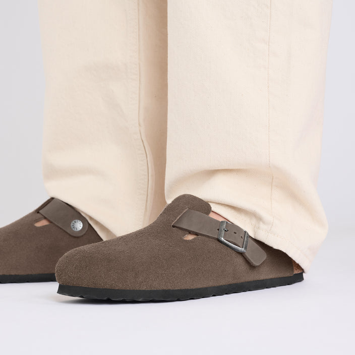 Birkenstock Boston Concrete Grey Oiled Suede Leather on model 2