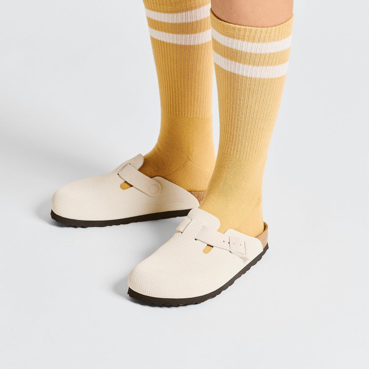 Birkenstock Boston Corduroy Antique White Embossed Suede Leather on model 2
