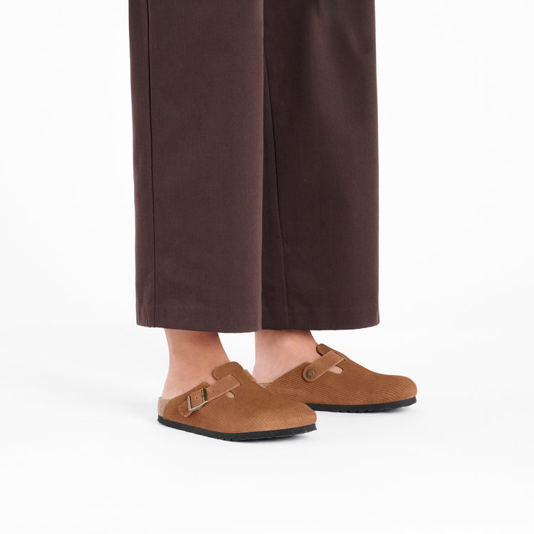Birkenstock Boston Corduroy Dark Tea Embossed Suede Leather on model 1