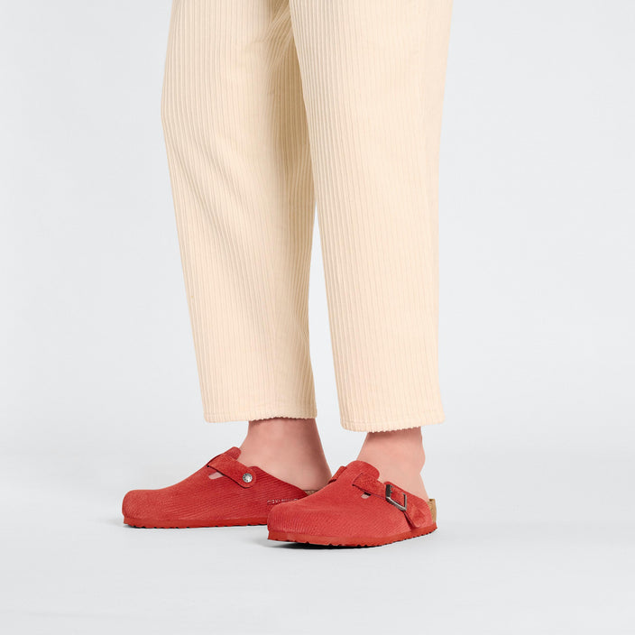 Birkenstock Boston Corduroy Sienna Red Embossed Suede Leather on model 1