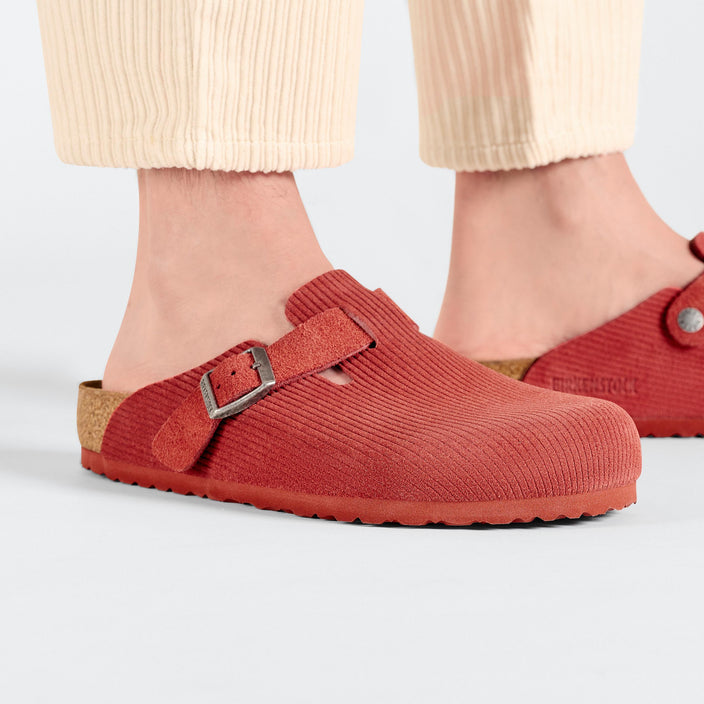 Birkenstock Boston Corduroy Sienna Red Embossed Suede Leather on model 2