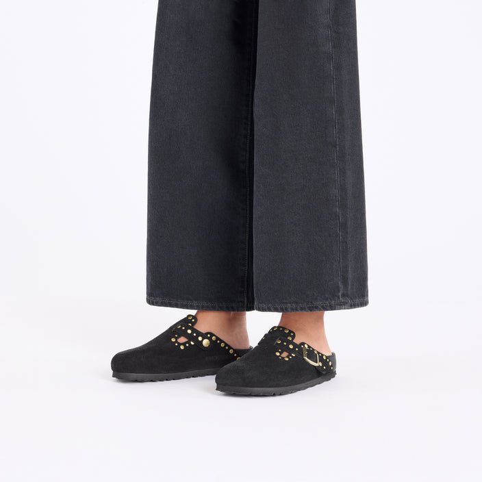Birkenstock Boston Exquisite Rivets Black Suede Leather on model 1