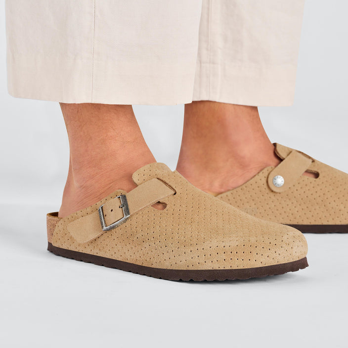 Birkenstock Boston New Beige Embossed Suede Leather on model 2