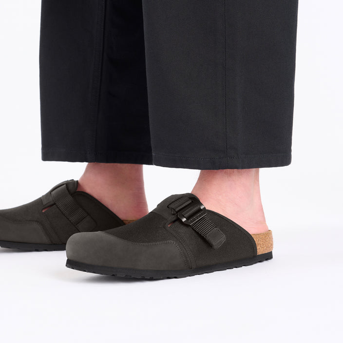 Birkenstock Boston Nova Black Textile Nubuck Leather on model 2