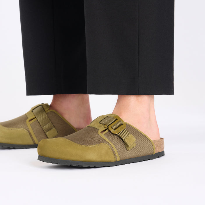 Birkenstock Boston Nova Pine Green Textile Nubuck Leather on model 2