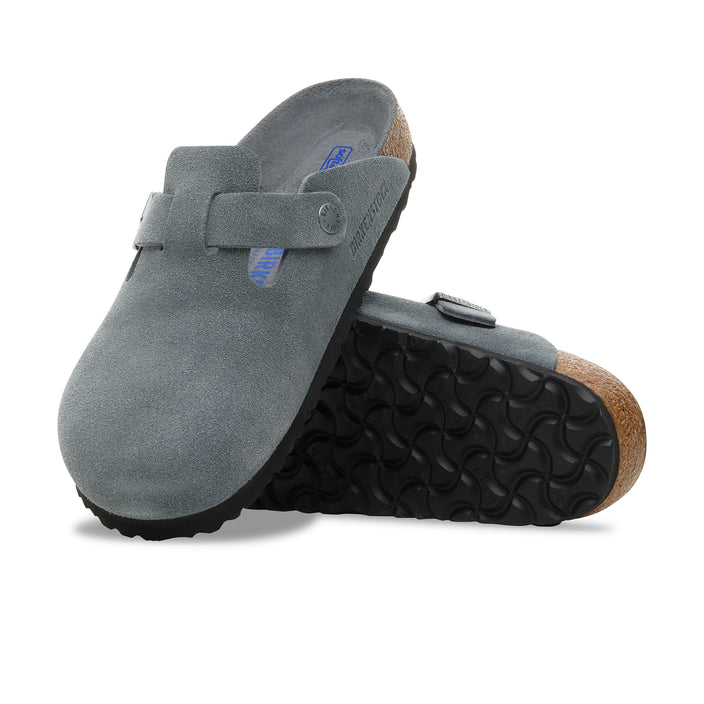 Birkenstock Boston SFB Basalt Grey Tonal Footbed Suede Leather side view sole view