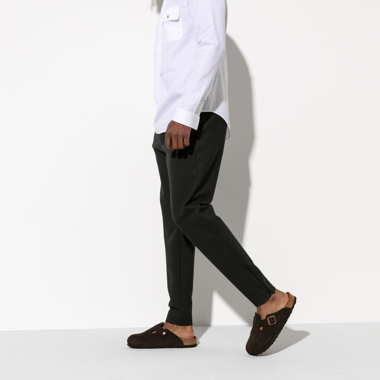 Birkenstock Boston Soft Footbed Mocca Suede Leather on model 1