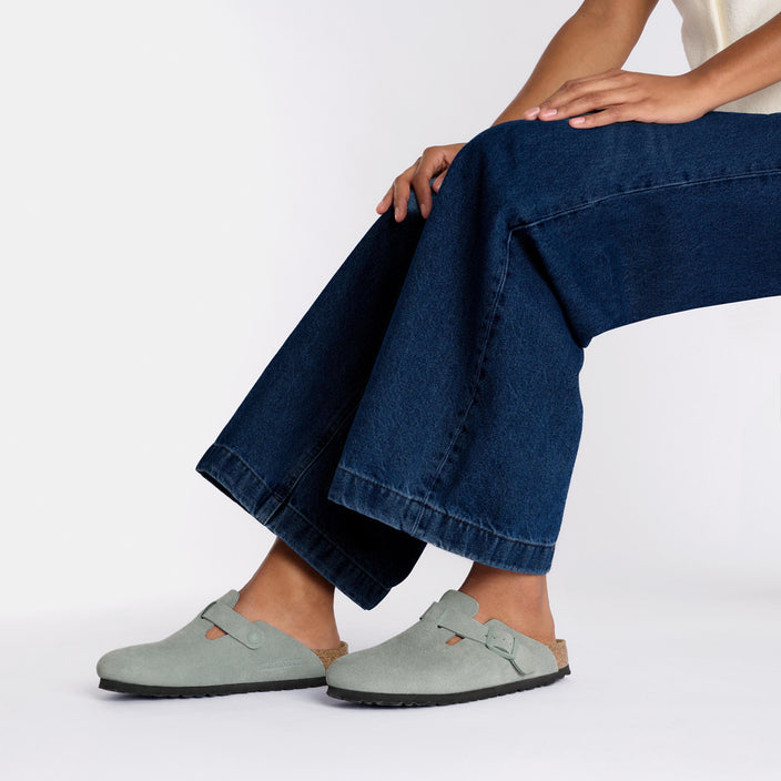 Birkenstock Boston Soft Footbed Pure Sage Suede Leather on model 1