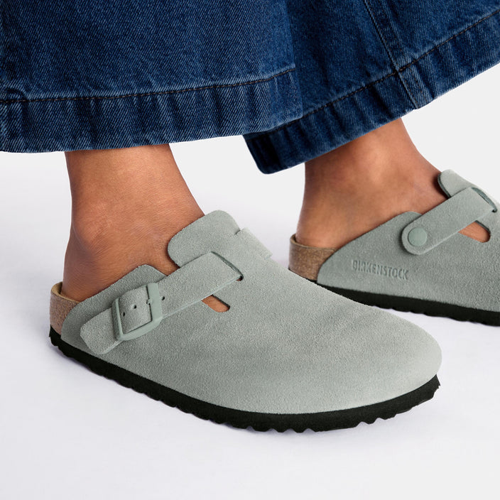 Birkenstock Boston Soft Footbed Pure Sage Suede Leather on model 2