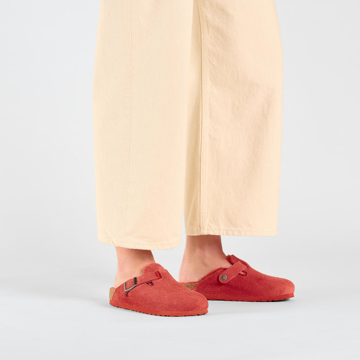 Birkenstock Boston Shearling Sienna Red Suede Leather Shearling on model 1