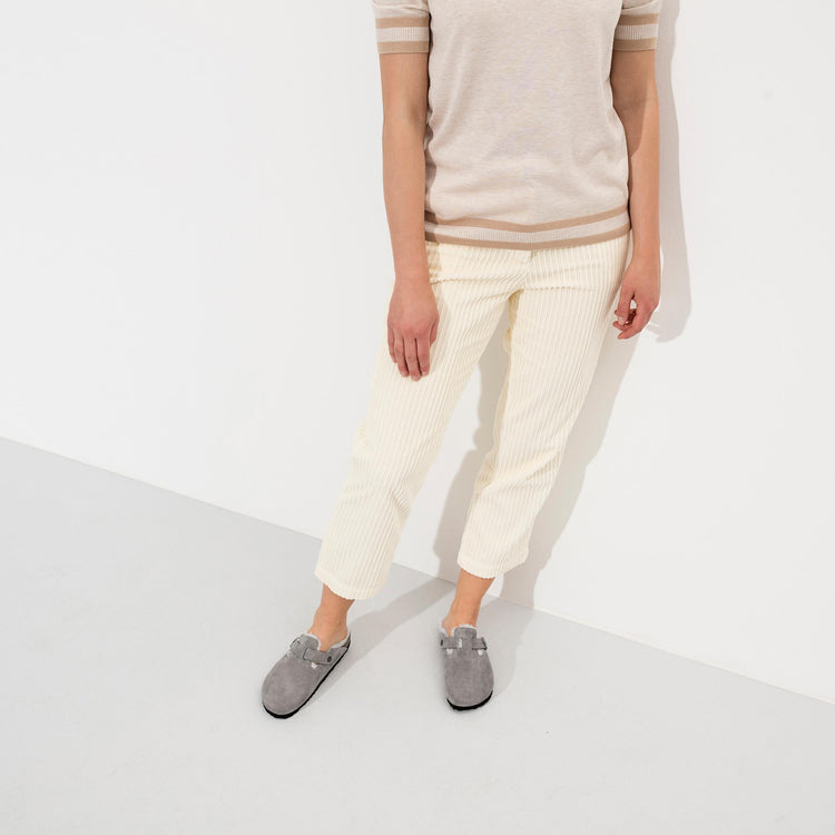 Birkenstock Boston Shearling Stone Coin Suede Leather Shearling on model 1