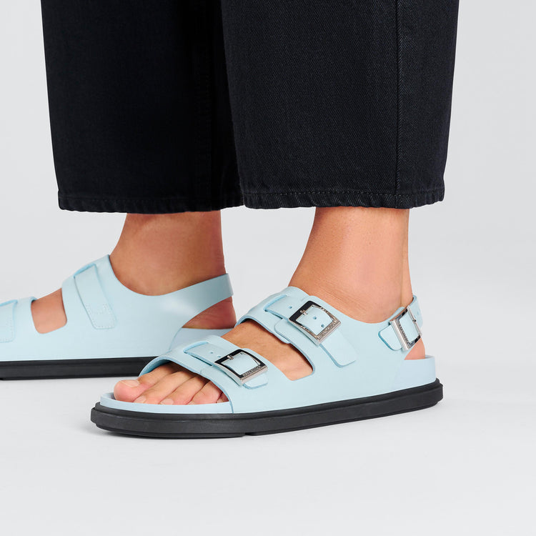 Birkenstock Cannes Mineral Blue Natural Leather on model 2