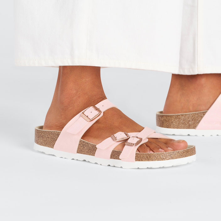 Birkenstock Franca Shiny Embossed Light Rose Embossed Birko Flor on model 2