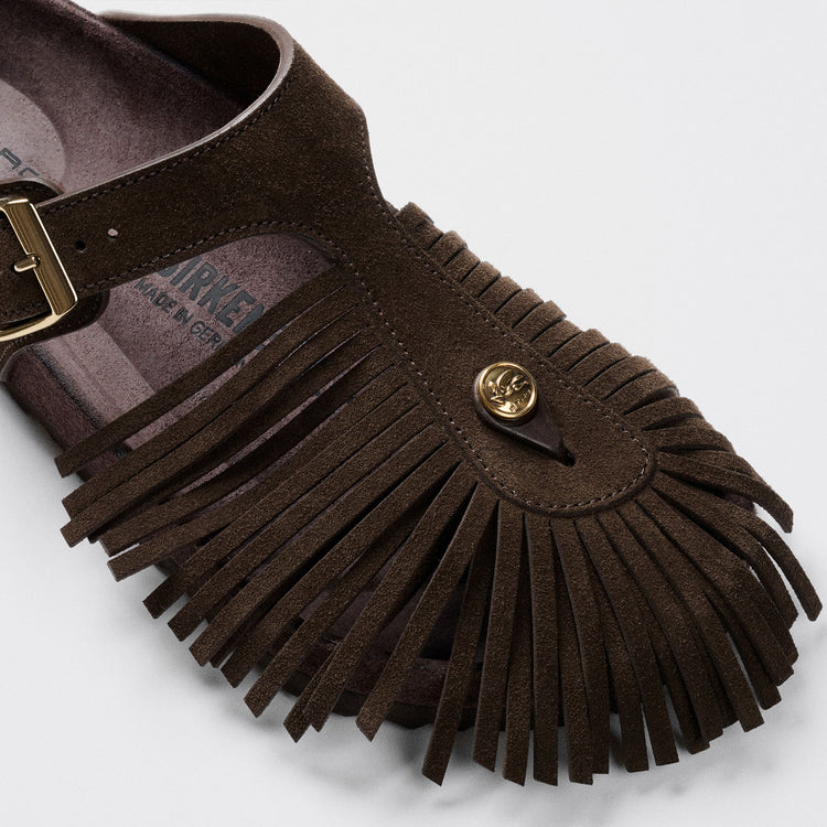 Birkenstock Australia Gizeh Etro Fringes Chocolate Suede Leather front view
