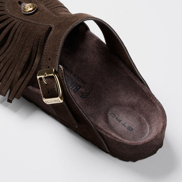 Birkenstock Australia Gizeh Etro Fringes Chocolate Suede Leather back view