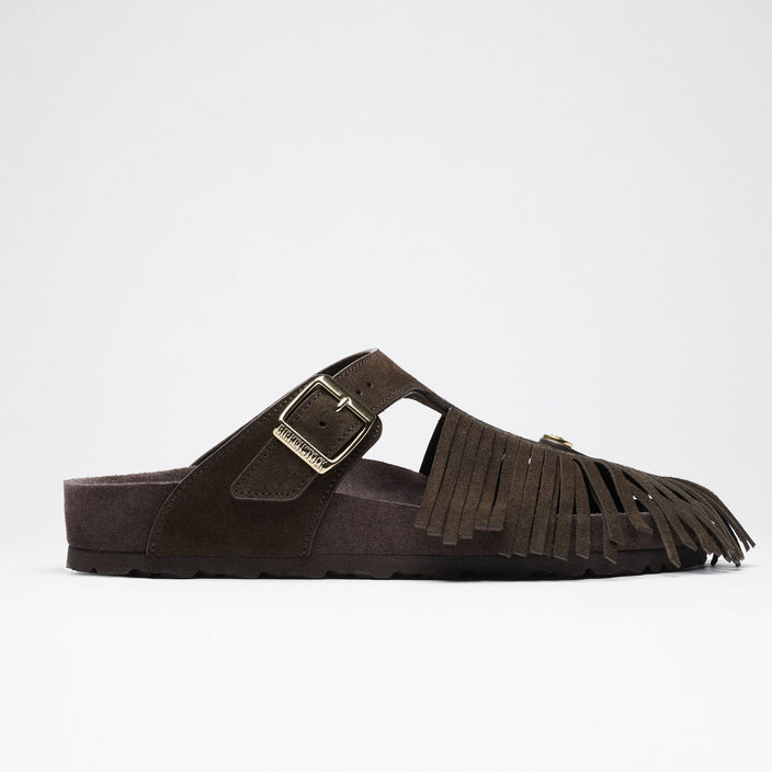 Birkenstock Australia Gizeh Etro Fringes Chocolate Suede Leather side view