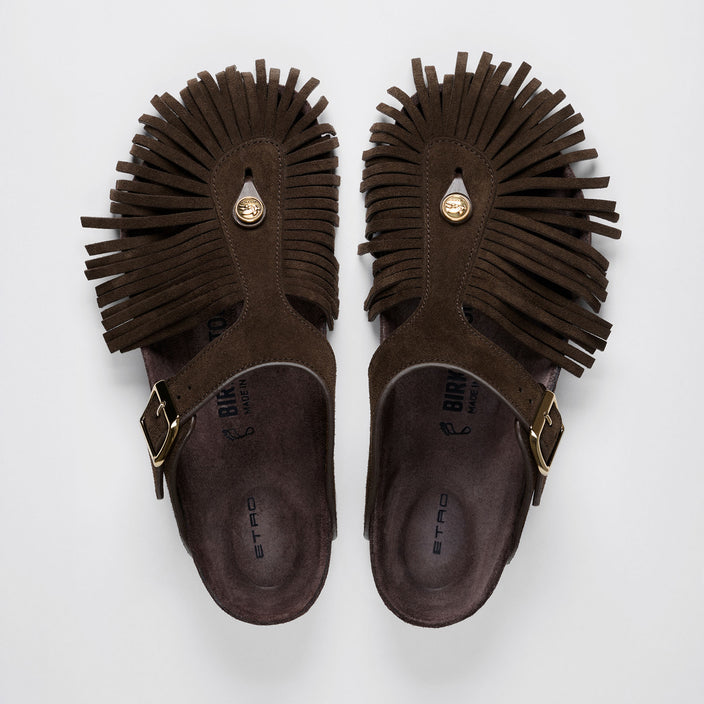 Birkenstock Australia Gizeh Etro Fringes Chocolate Suede Leather top view