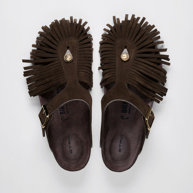 Birkenstock Australia Gizeh Etro Fringes Chocolate Suede Leather top view