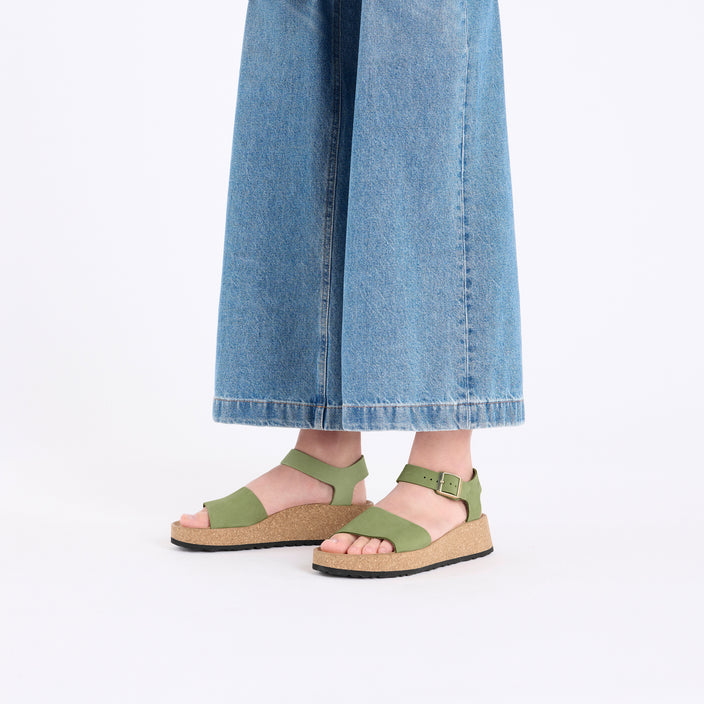 Birkenstock Glenda Green Tea Nubuck Leather on model 1