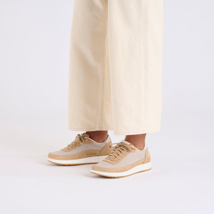 Birkenstock Honnef City New Beige Eggshell Nylon Mesh Suede Leather on model 1