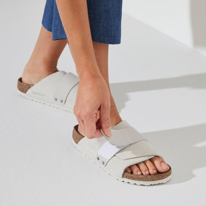 Birkenstock Kyoto Antique White Suede Nubuck Leather on model 3
