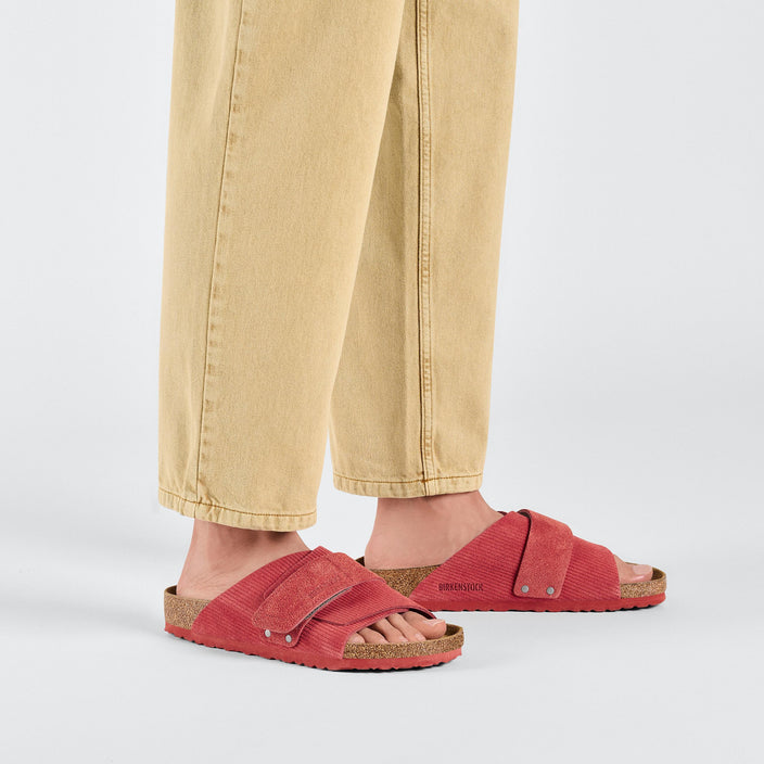 Birkenstock Kyoto Corduroy Sienna Red Embossed Suede on model 1