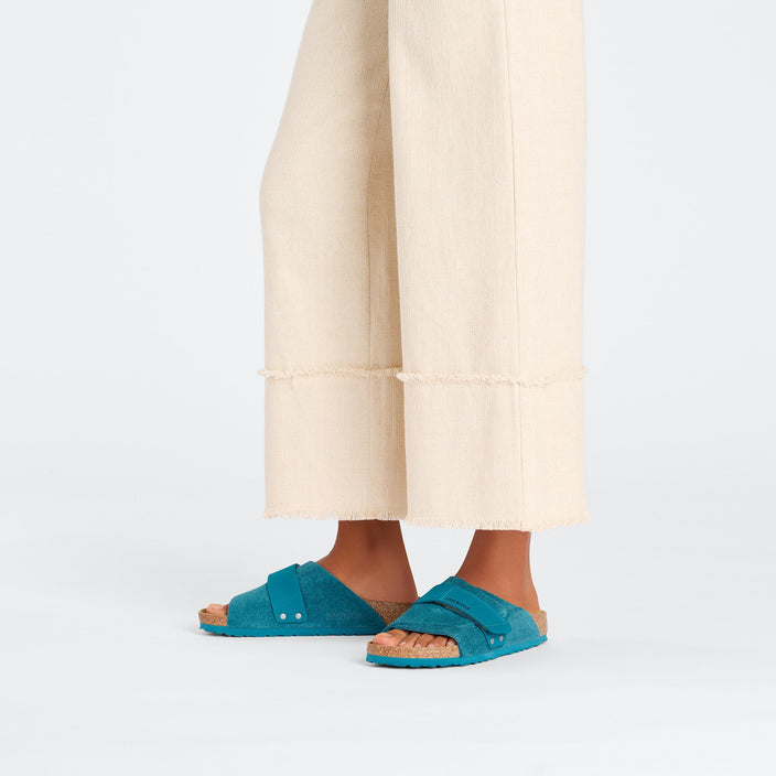 Birkenstock Kyoto Deep Turquoise Nubuck Suede Leather on model 1