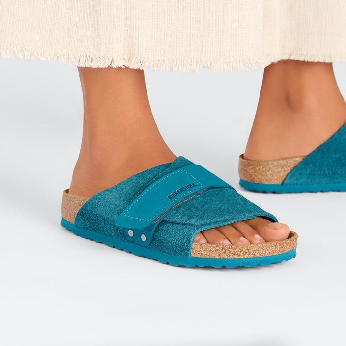 Birkenstock Kyoto Deep Turquoise Nubuck Suede Leather on model 2
