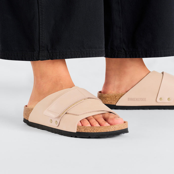 Birkenstock Kyoto High Shine New Beige Nubuck Leather on model 2