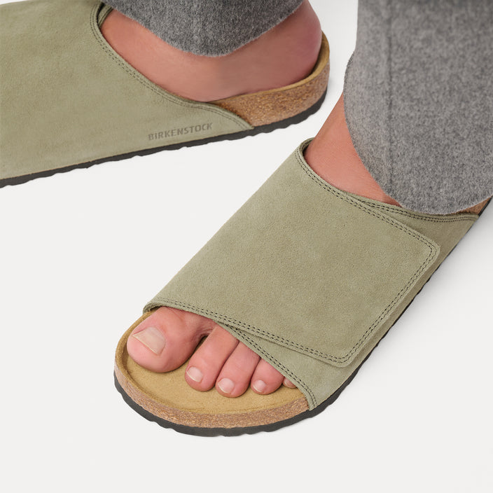 Birkenstock Australia Solana Faded Khaki Suede Leather On Model 1
