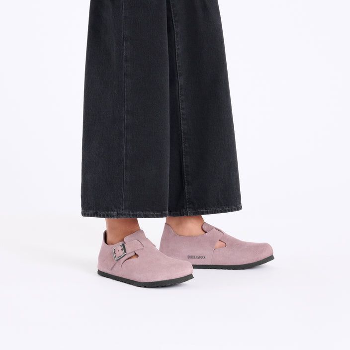 Birkenstock London Faded Purple Suede Leather on model 1