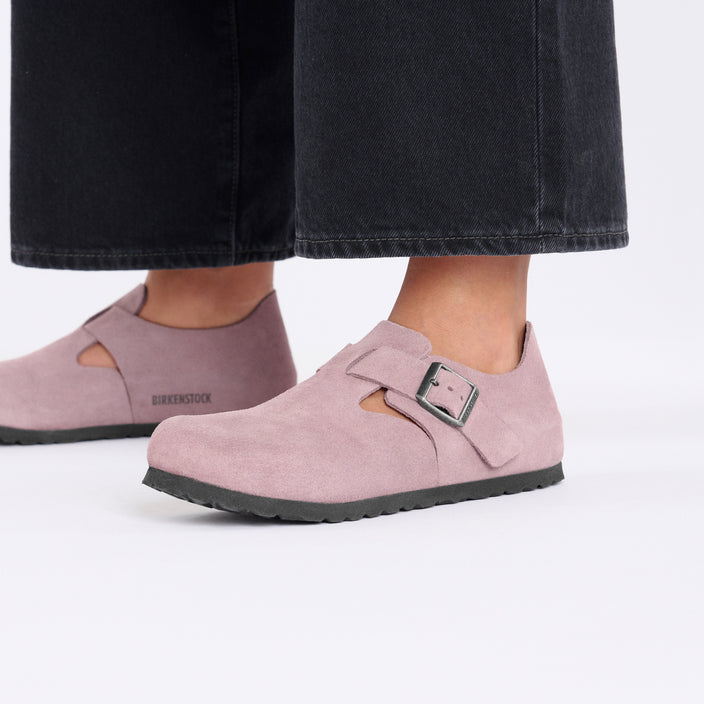 Birkenstock London Faded Purple Suede Leather on model 2