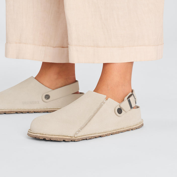 Birkenstock Lutry Eggshell Suede Leather on model 2