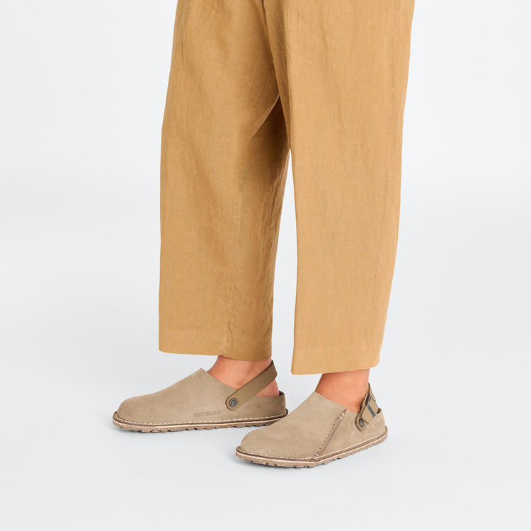 Birkenstock Lutry Grey Taupe Suede Leather on model 1