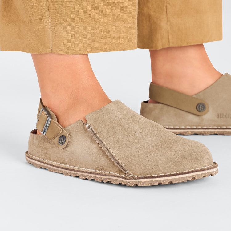 Birkenstock Lutry Grey Taupe Suede Leather on model 2