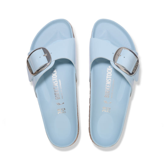 Birkenstock Madrid Big Buckle High Shine Baby Blue Natural Leather Patent top view