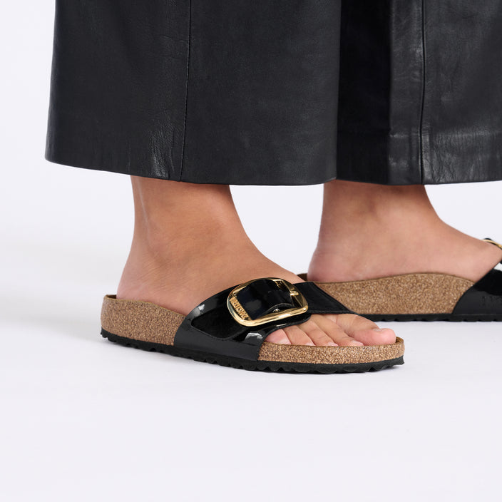 Birkenstock Madrid Big Buckle Patent Black Gold Birko Flor on model 2